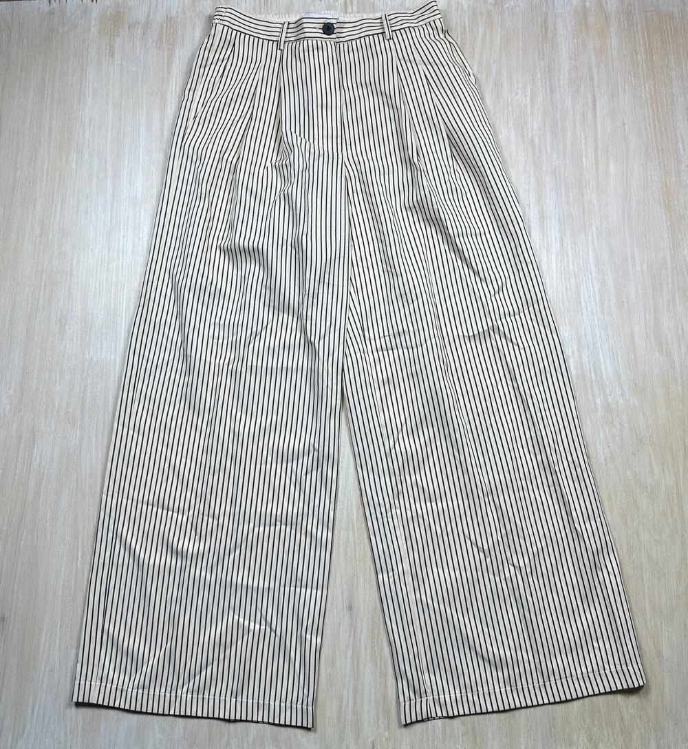 Greylin Cream Black Pinstripe High Rise Pleated Wide Leg Office Trouser Pants L